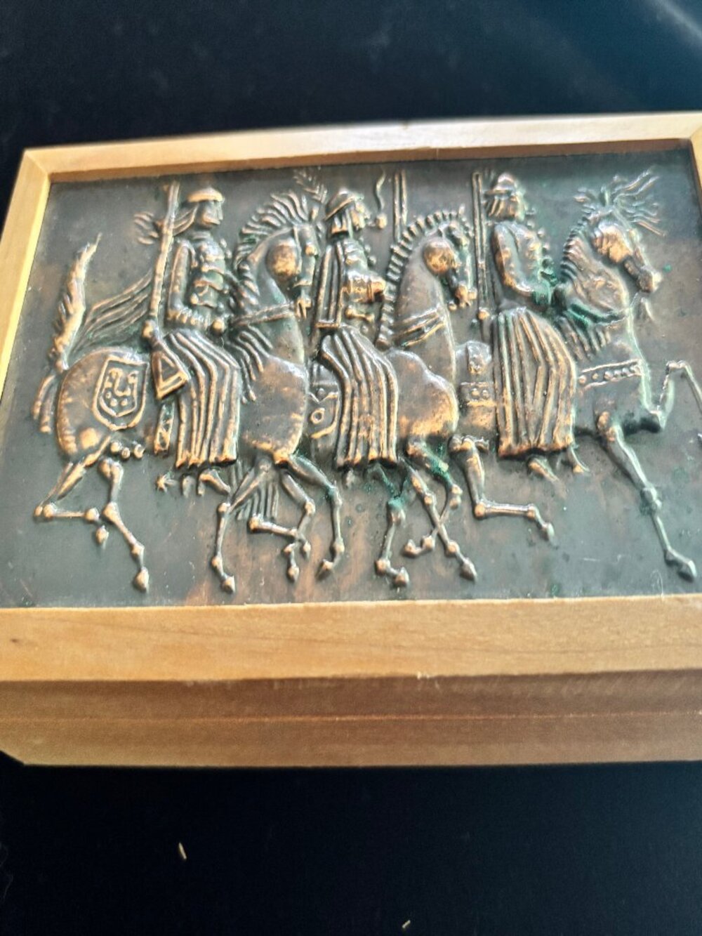 Vintage Handmade Wooden Trinket Box with Embossed Copper Horsemen Scene, 5.5" x
